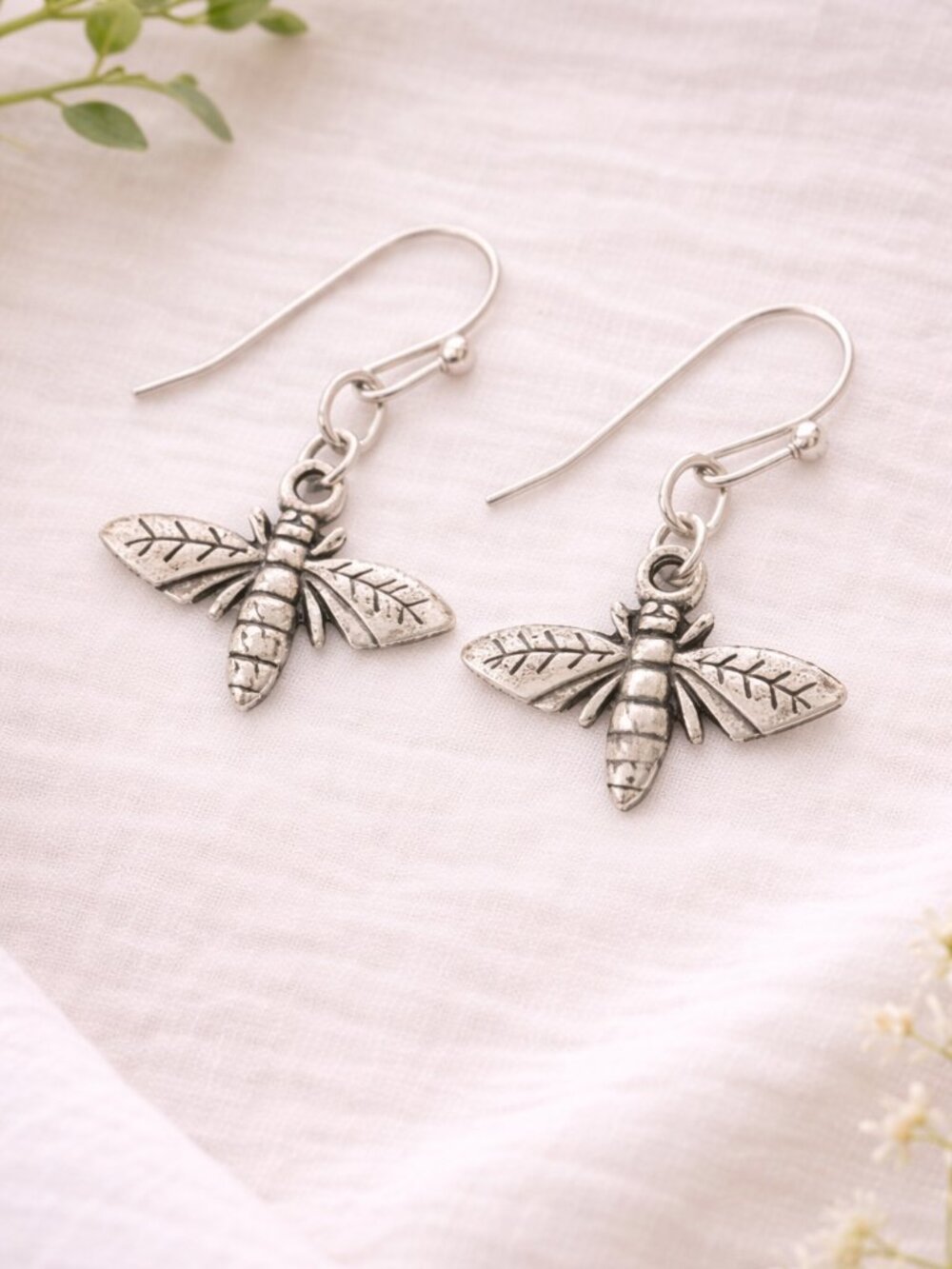 Antiqued Silver Honey Bee Dangle Earrings Nature Inspired